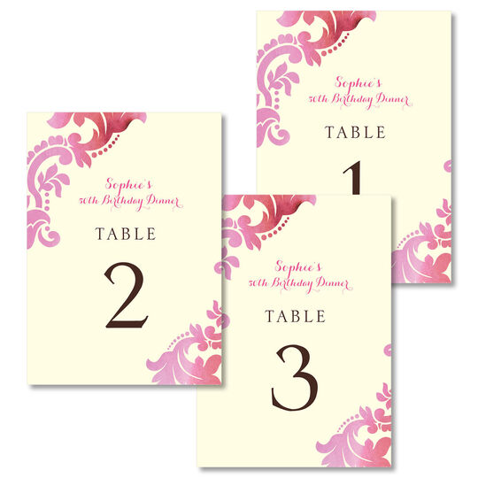Pink Watercolor Damask Table Number Cards