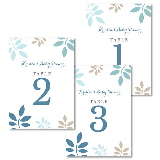 Blue and Tan Botanical Leaves Table Number Cards