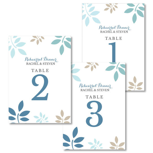 Blue and Tan Botanical Leaves Table Number Cards