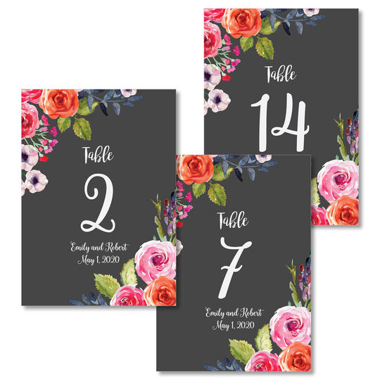 Charcoal Corner Roses Table Number Cards