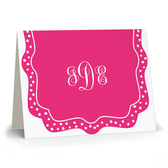 Hot Pink Dotted Border Monogram Folded Note Cards