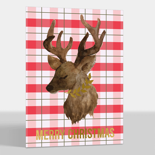 Red Plaid Deer Foil Folded Holiday Cards