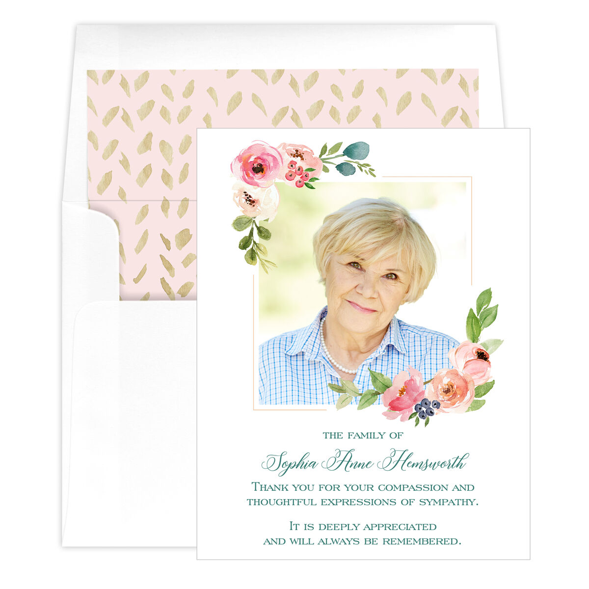 Pink Corner Flower Photo Folded Sympathy Cards