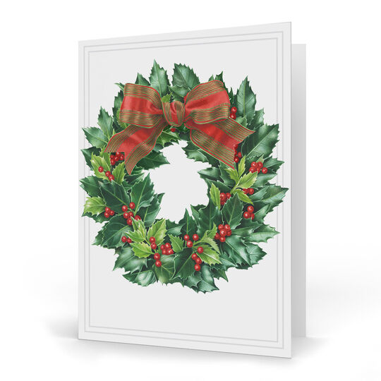 Embossed Holly Wreath Folded Holiday Cards