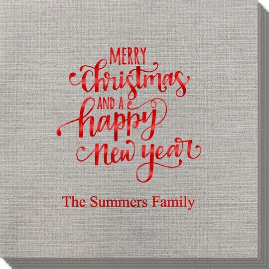 Hand Lettered Merry Christmas and Happy New Year Bamboo Luxe Napkins