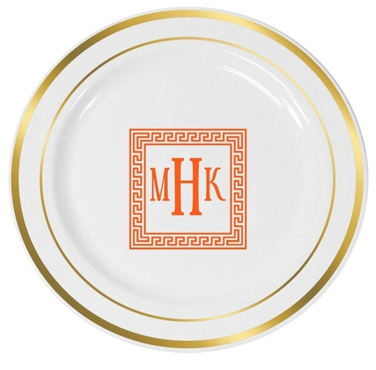 Greek Key Border with Monogram Premium Banded Plastic Plates