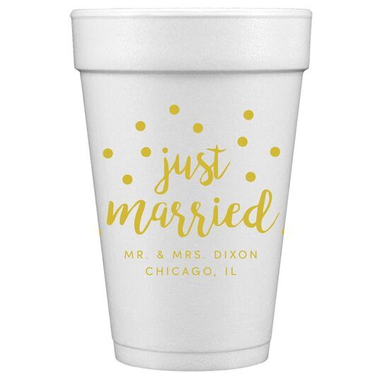 Confetti Dots Just Married Styrofoam Cups