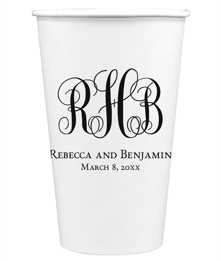 Fancy Script Monogram with Text Paper Coffee Cups