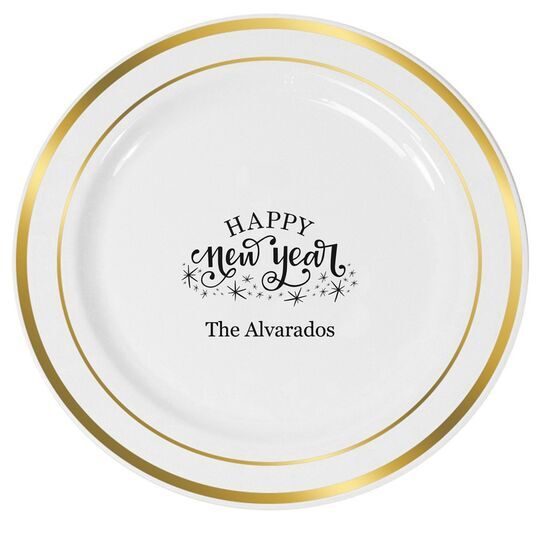 Hand Lettered Sparkle Happy New Year Premium Banded Plastic Plates