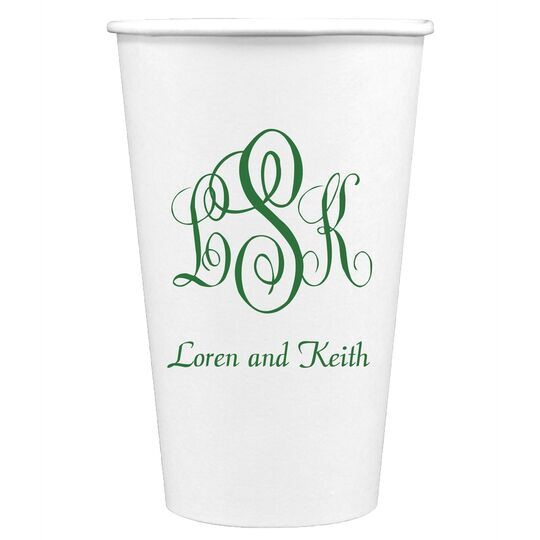 Script Monogram with Small Initials plus Text Paper Coffee Cups