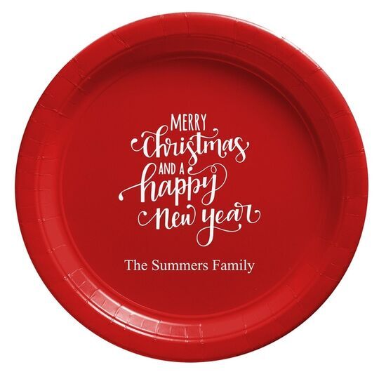 Hand Lettered Merry Christmas and Happy New Year Paper Plates