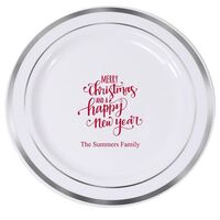 Hand Lettered Merry Christmas and Happy New Year Premium Banded Plastic Plates
