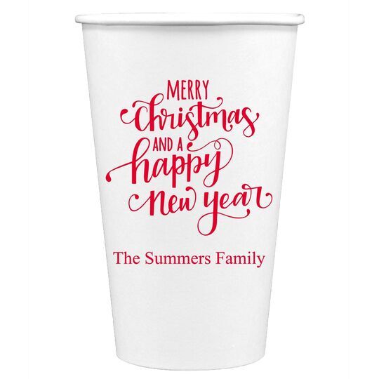 Hand Lettered Merry Christmas and Happy New Year Paper Coffee Cups