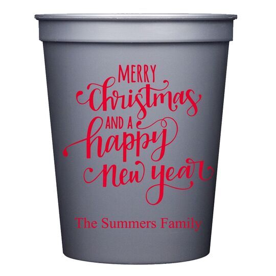 Hand Lettered Merry Christmas and Happy New Year Stadium Cups