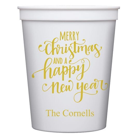Hand Lettered Merry Christmas and Happy New Year Stadium Cups