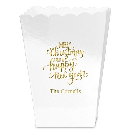 Hand Lettered Merry Christmas and Happy New Year Mini Popcorn Boxes