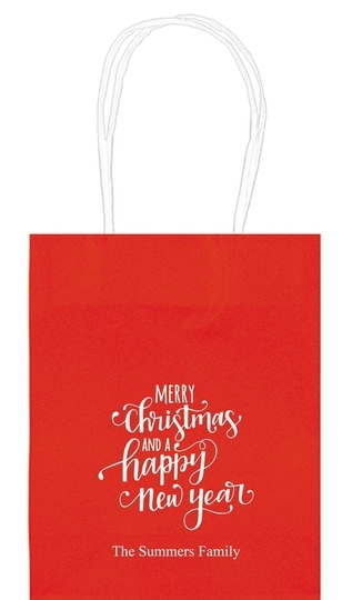 Hand Lettered Merry Christmas and Happy New Year Mini Twisted Handled Bags