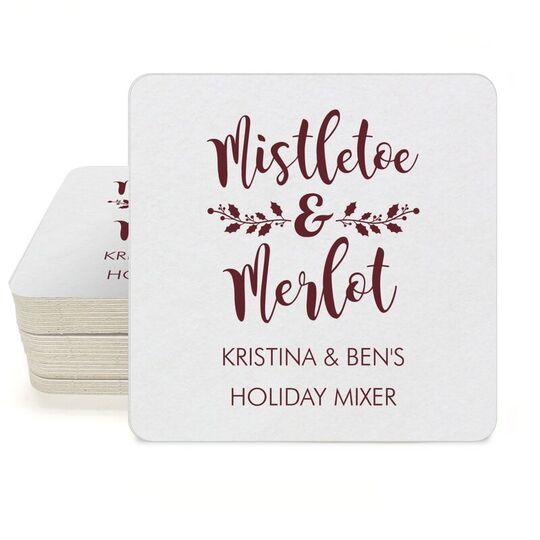 Mistletoe and Merlot Square Coasters