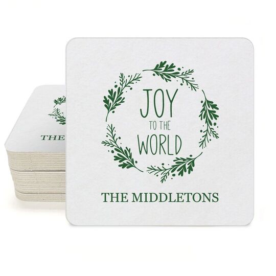 Joy to the World Wreath Square Coasters