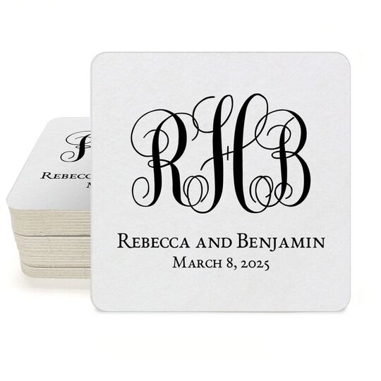 Fancy Script Monogram with Text Square Coasters