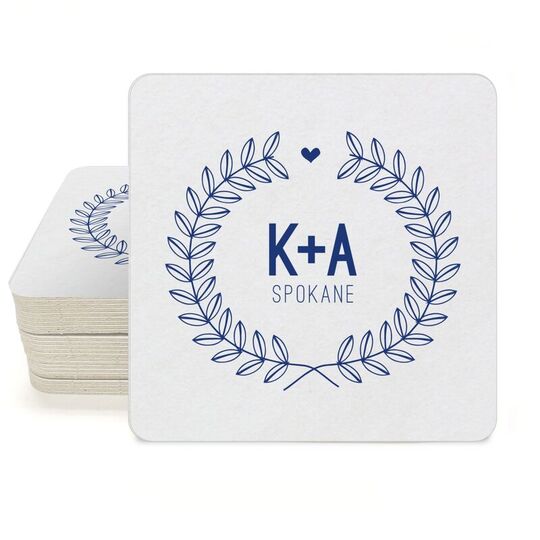 Laurel Wreath with Heart and Initials Square Coasters
