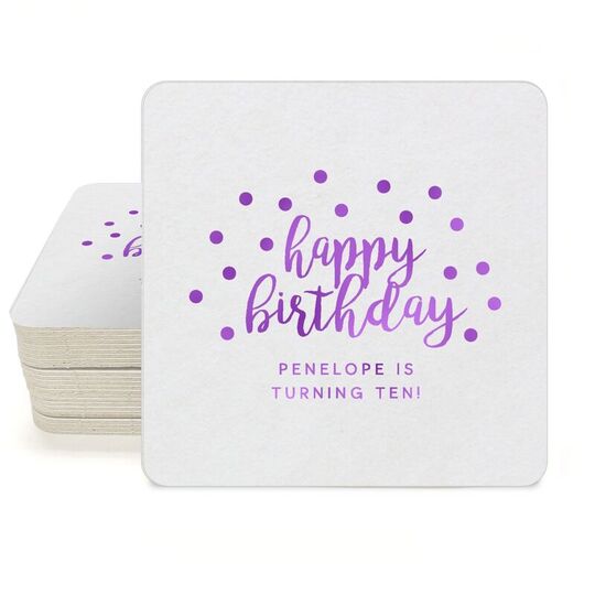 Confetti Dots Happy Birthday Square Coasters