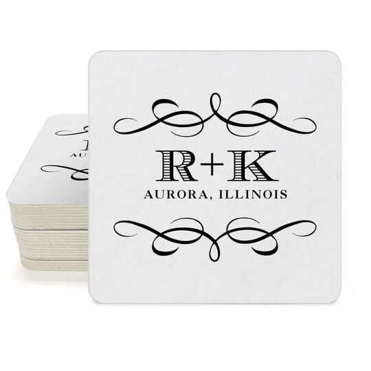 Courtyard Scroll with Initials Square Coasters