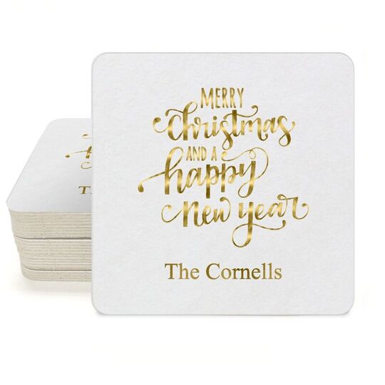 Hand Lettered Merry Christmas and Happy New Year Square Coasters