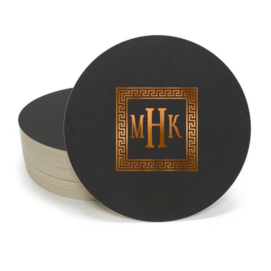 Greek Key Border with Monogram Round Coasters