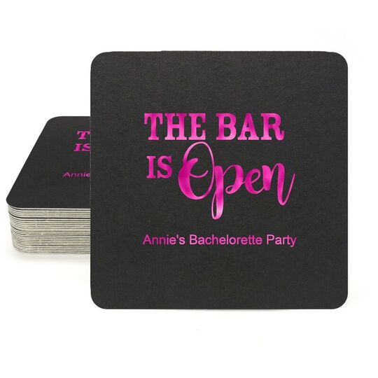 The Bar is Open Square Coasters