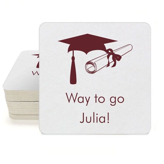 Mortar Board & Diploma Square Coasters