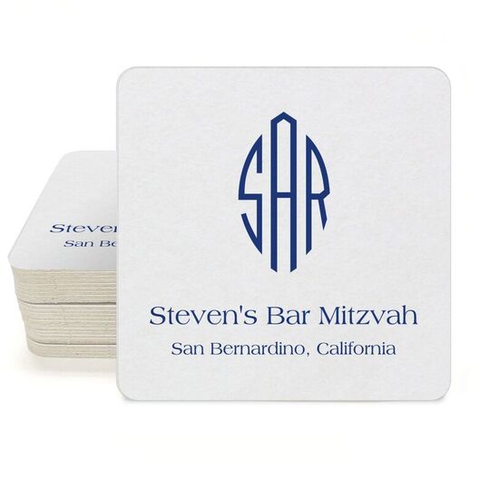 Shaped Oval Monogram with Text Square Coasters