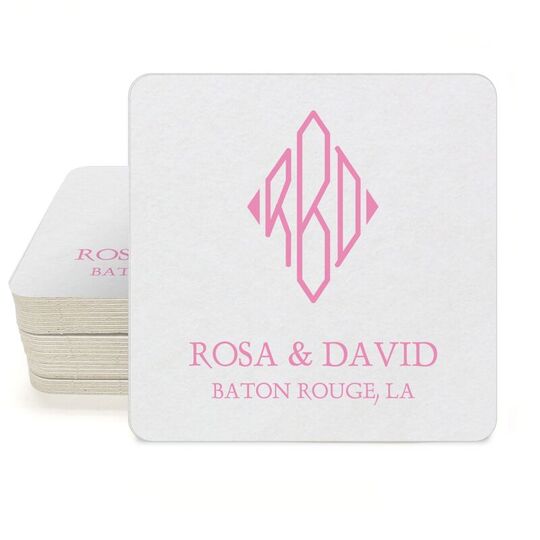 Shaped Diamond Monogram with Text Square Coasters