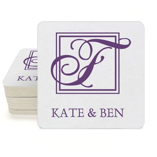 Pick Your Single Initial Monogram with Text Square Coasters