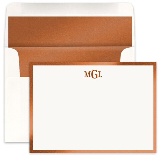 Monogrammed Metallic Bordered Flat Note Cards - Raised Ink