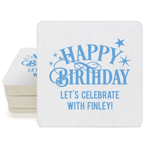 Happy Birthday with Stars Square Coasters