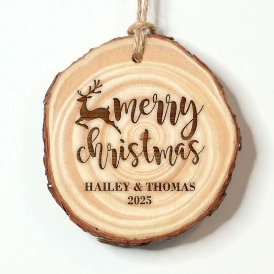 Merry Christmas Reindeer Real Wood Ornament